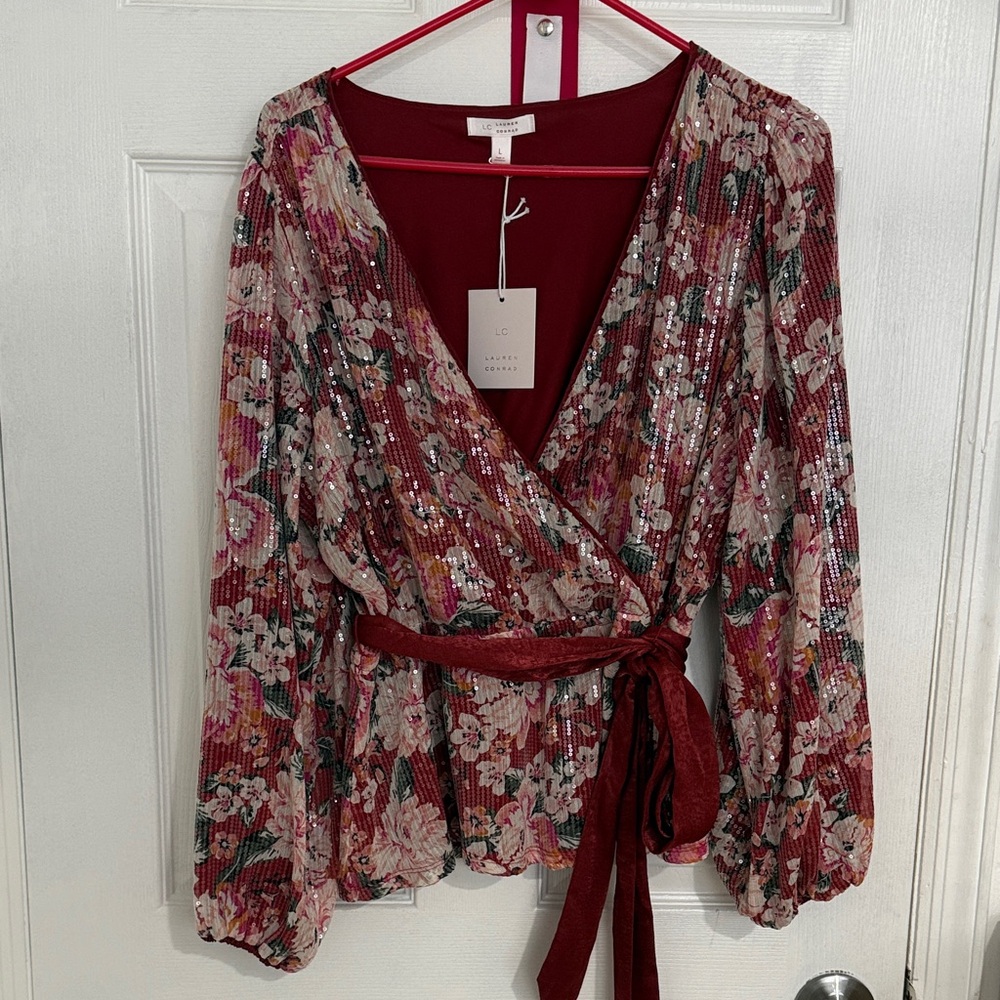 LC Lauren Conrad Red Floral Sequin Blouse